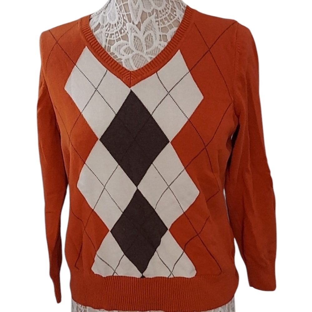 St John's bay orange long sleeve argyle v neck sweater 100% cotton size L p